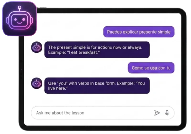 Tablet showing the AI tutor chat inside a lesson, explaining the present simple