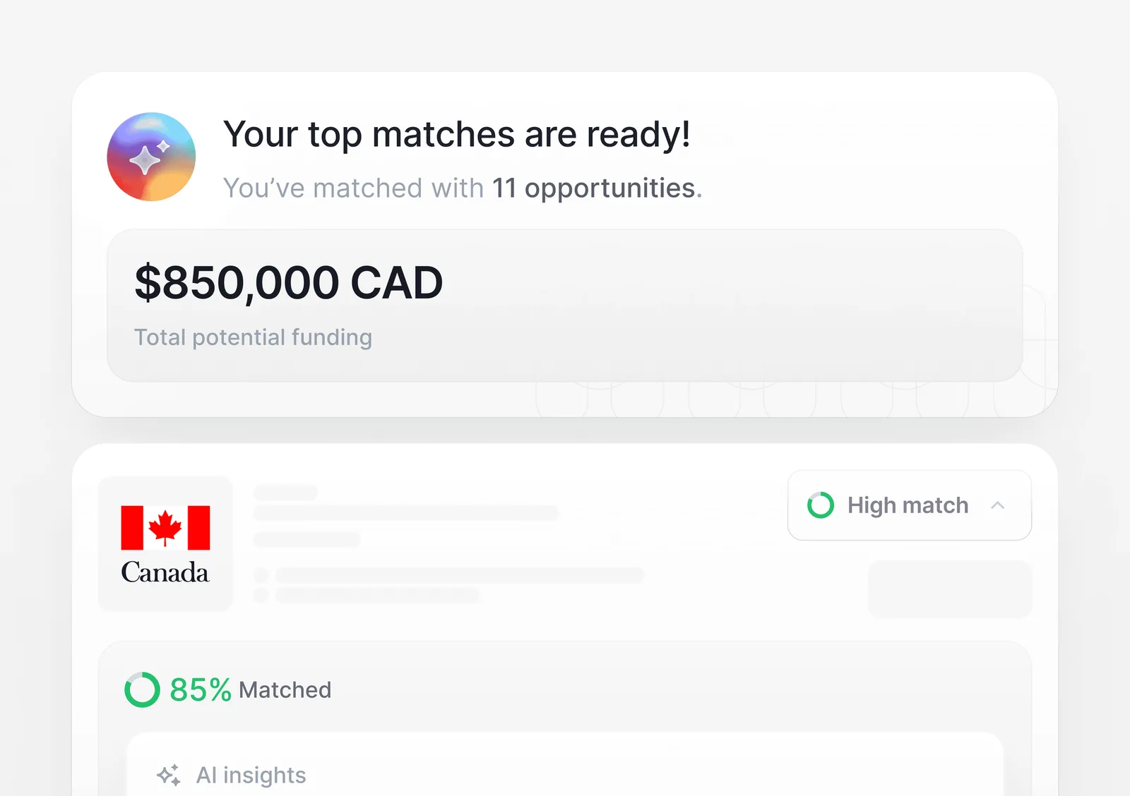 Top matches card showing 11 opportunities and $850,000 CAD in potential funding