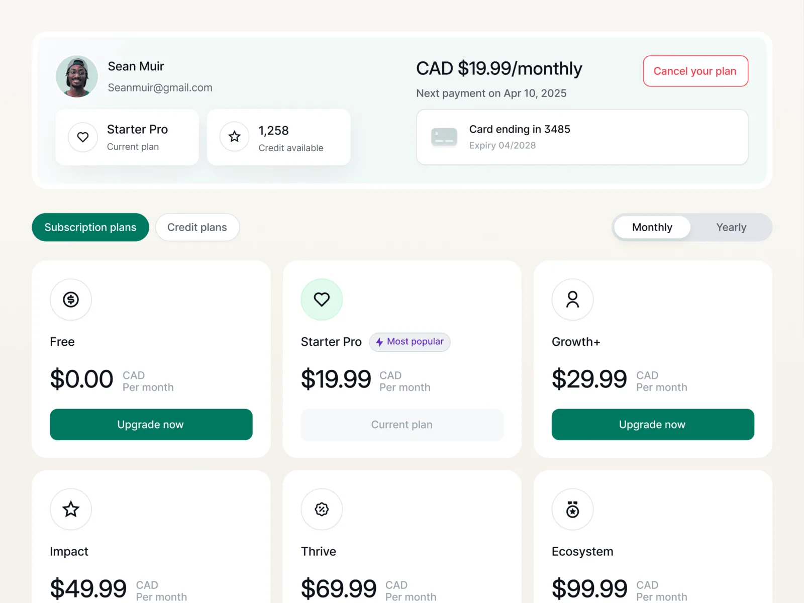 Subscription and credit plans screen