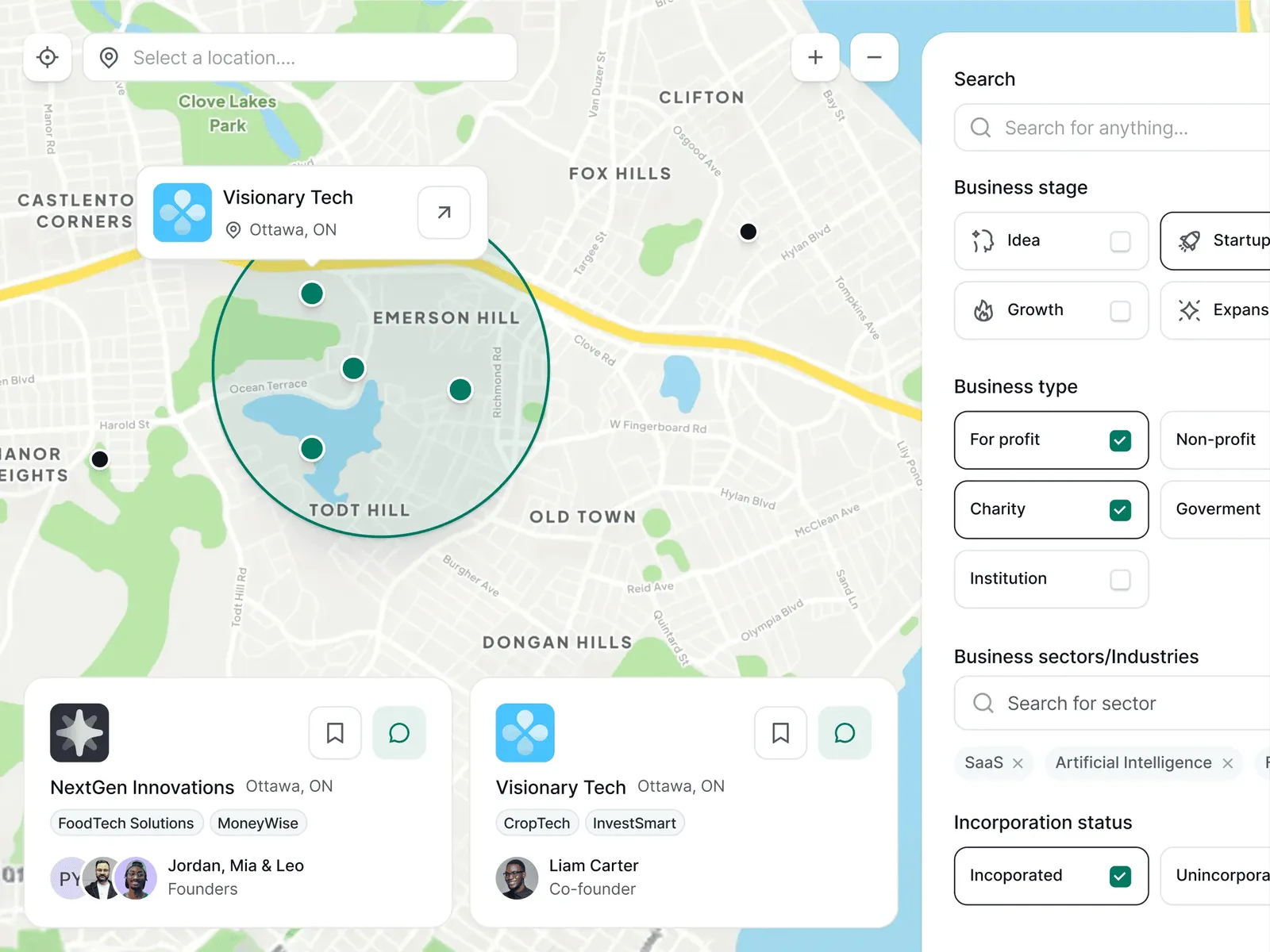 Interactive member map with search filters