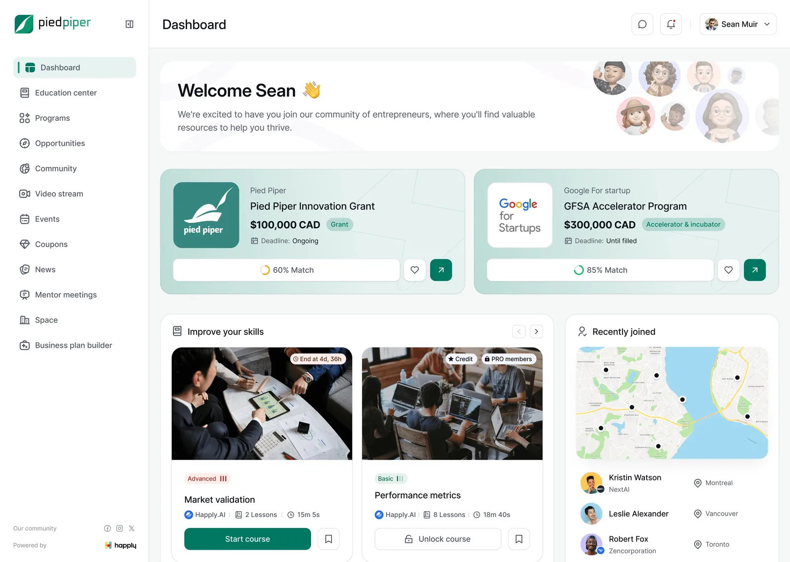 White-label program dashboard with matched opportunities, courses, and a member map