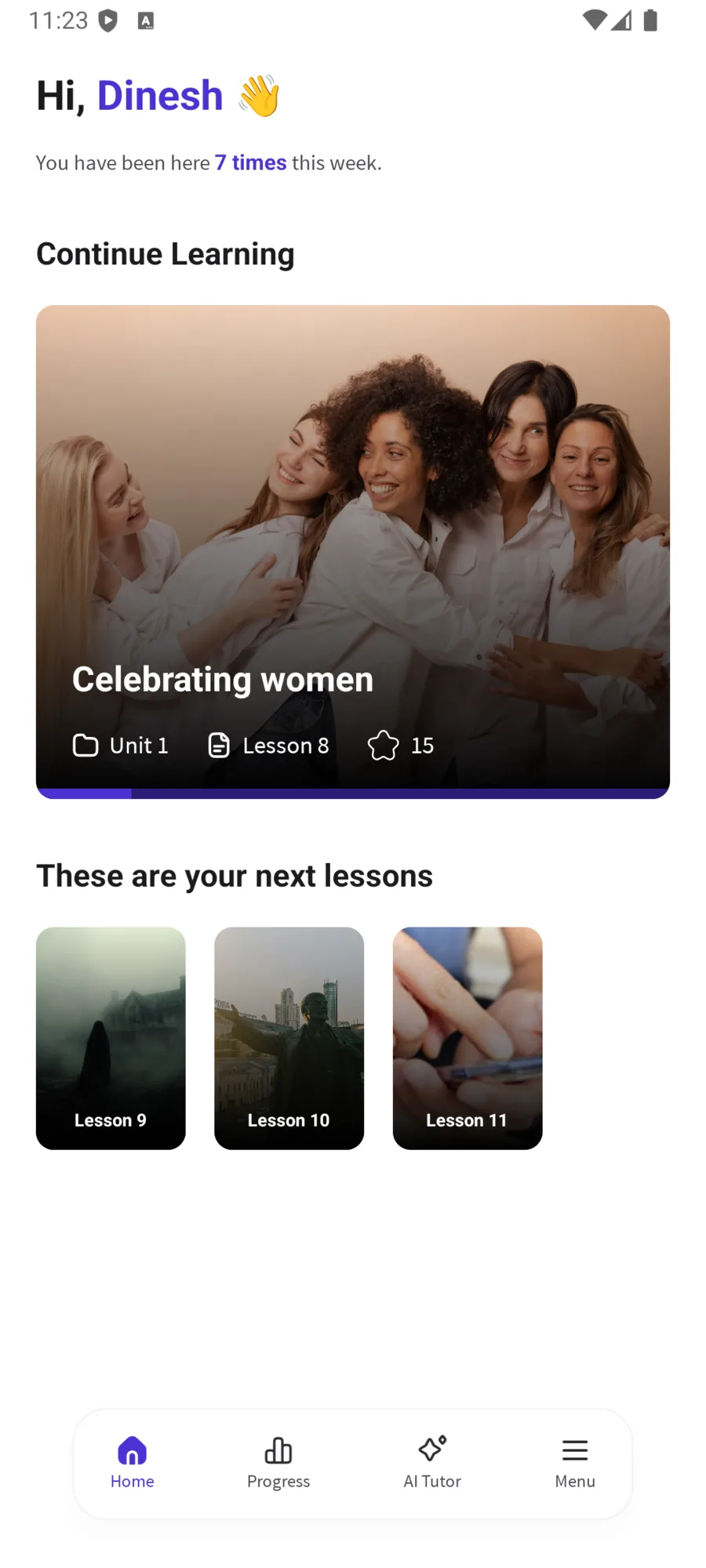 App home screen with continue-learning card and next lessons