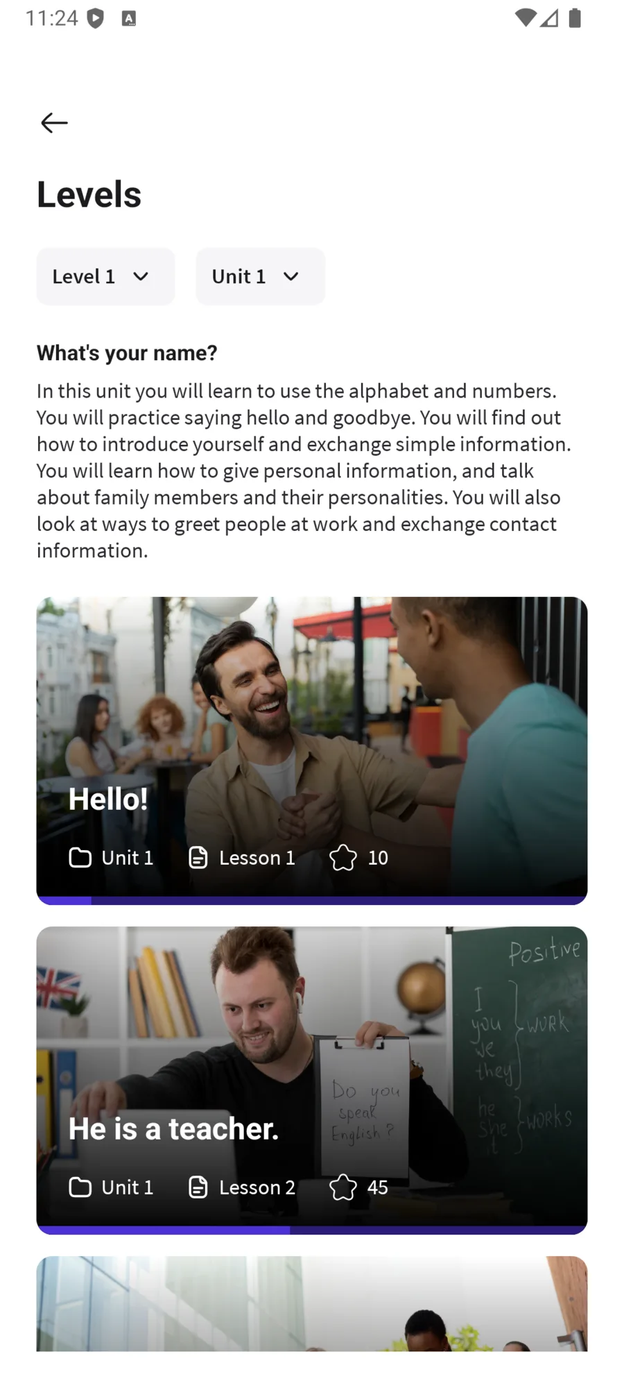 Levels screen showing a unit description and video lessons