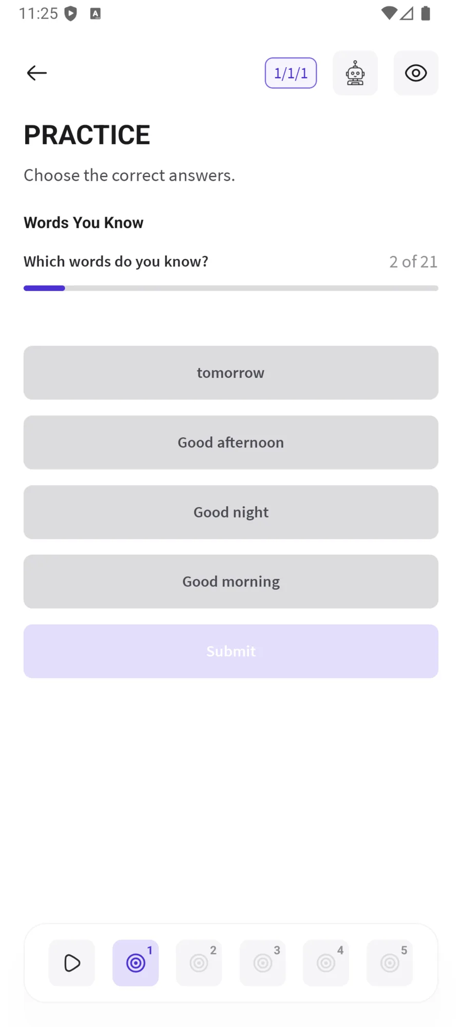 Vocabulary practice with multiple-choice answers