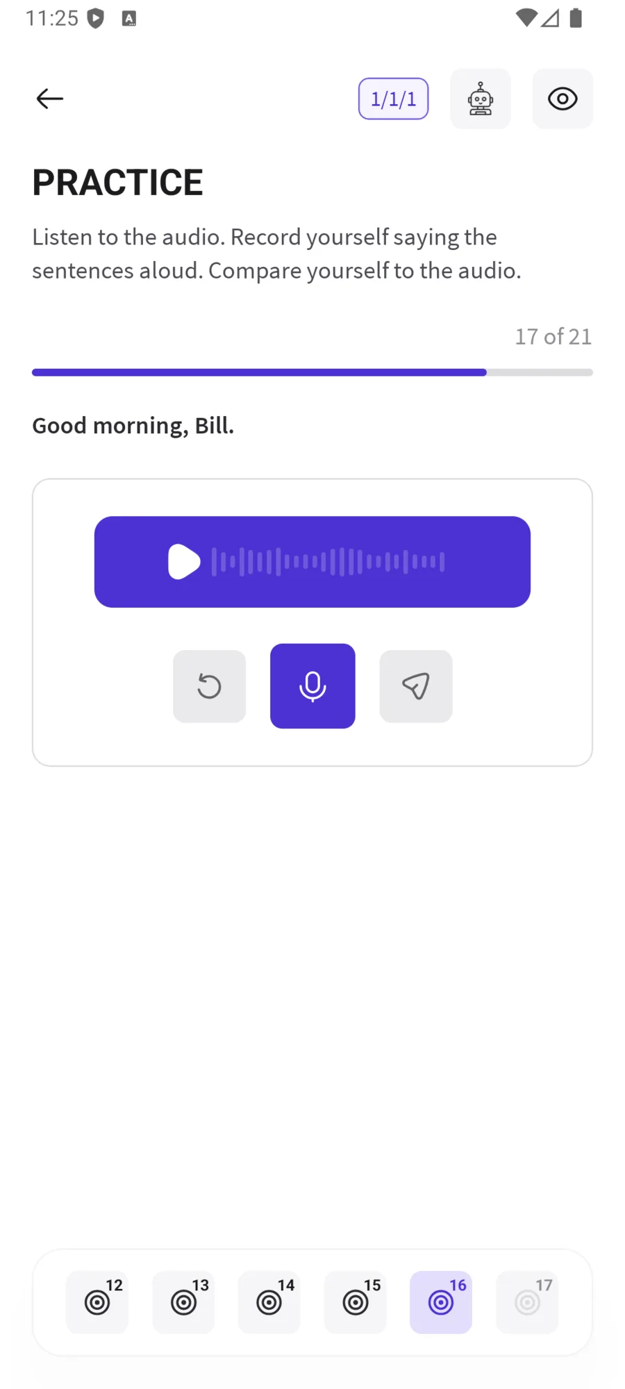 Speaking practice screen with audio playback and record button